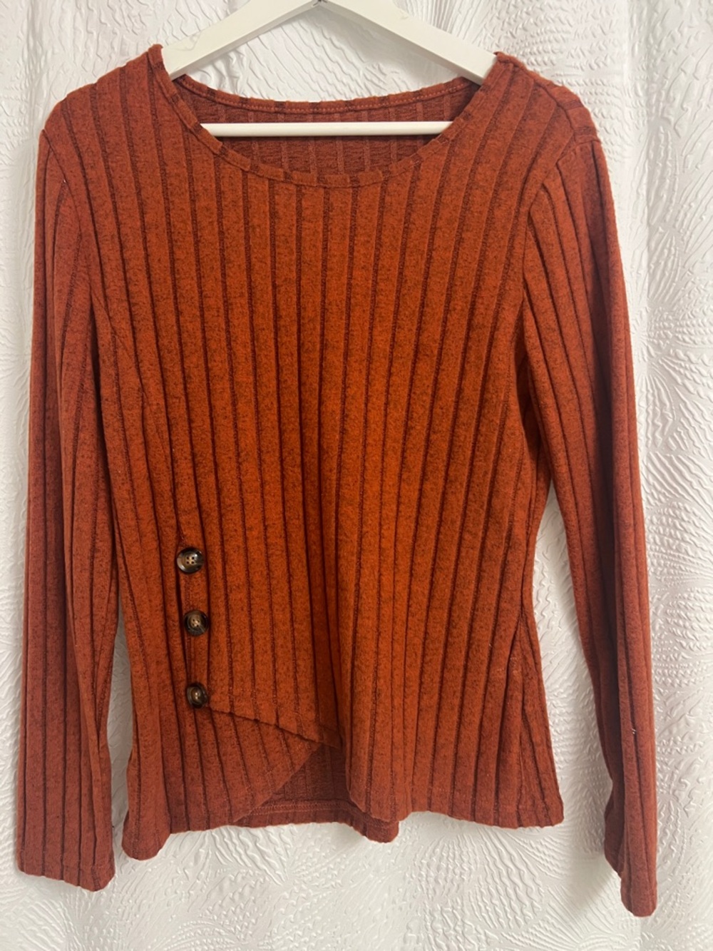 SHEIN Ribbed Scoop Neck Sweater in Rust Orange with Side Buttons